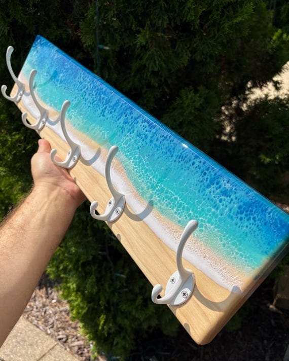 Coat Rack, Ocean Resin Art, Seafoam Foam Effect, White Hardware.