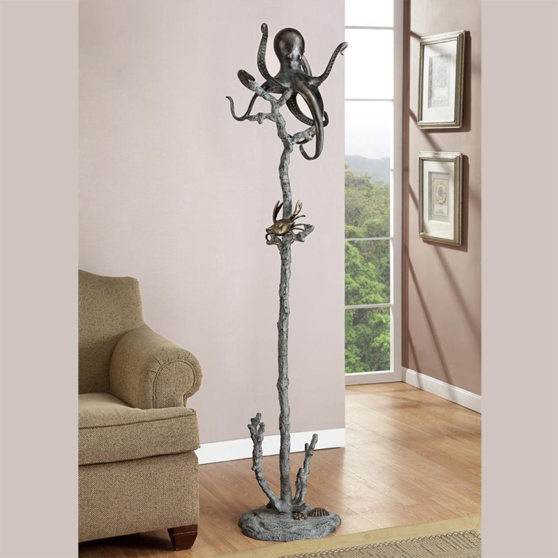 Coat Rack Octopus Motif Coral Textured Stalk Bronze Finish