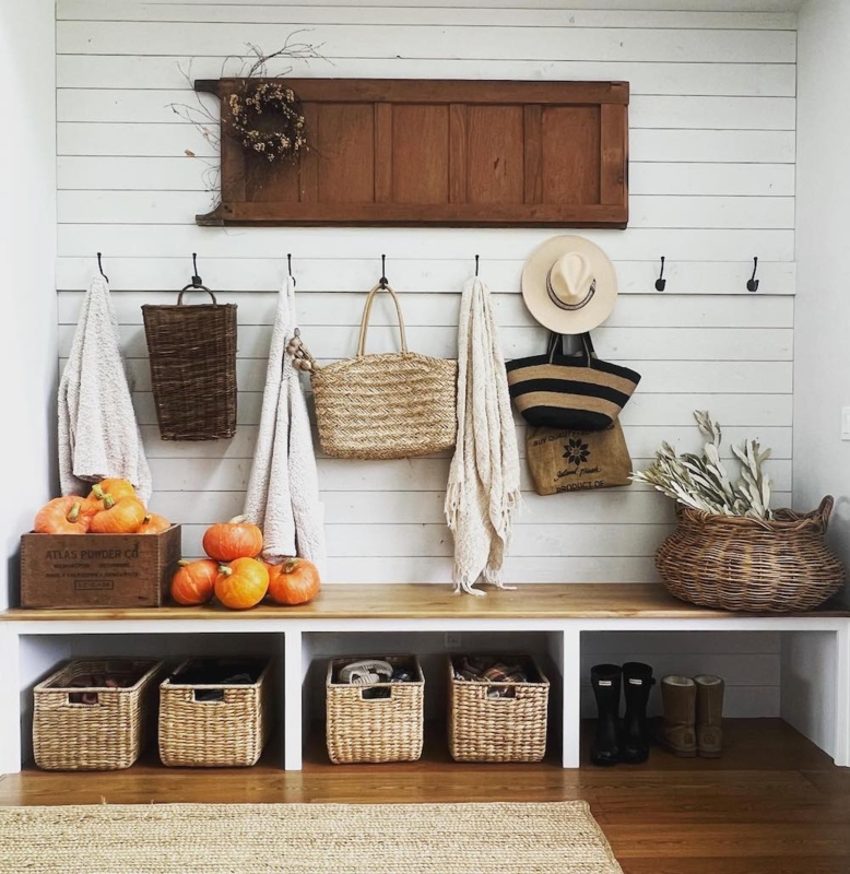 Coat Rack Open Cubbies Shiplap Backing Farmhouse Mudroom Storage