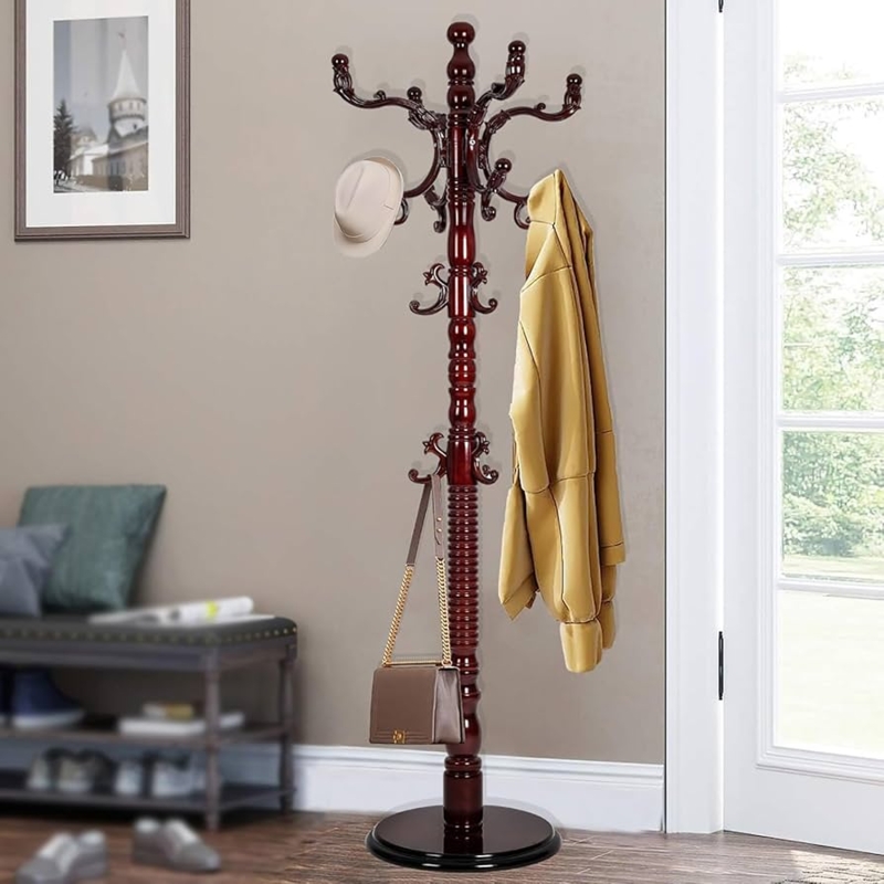 Coat Rack Ornate Wood Stand with Scrolled Hooks and Ribbed Post