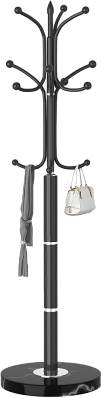 Coat Rack Polished Black Metal Marble Base Tiered Hooks Modern Stand