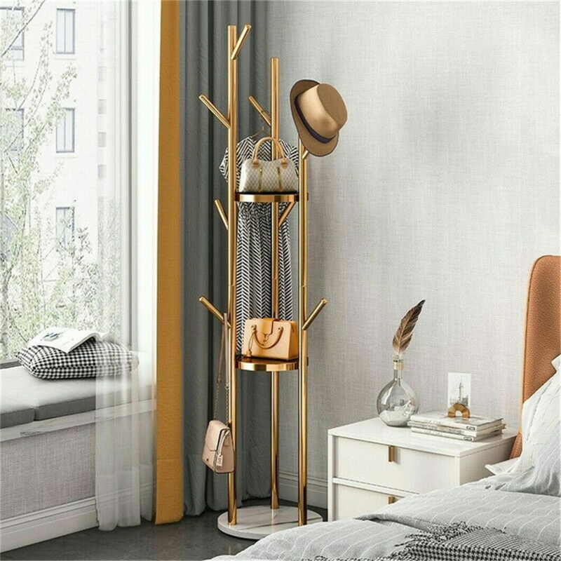 Coat Rack Polished Gold Branch Hooks Two Shelves Marble Look Base