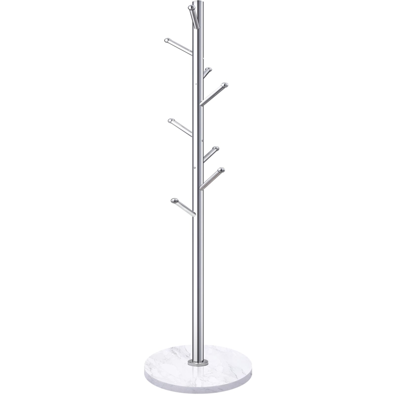 Coat Rack Polished Silver Marble Base Staggered Hooks Modern Entryway