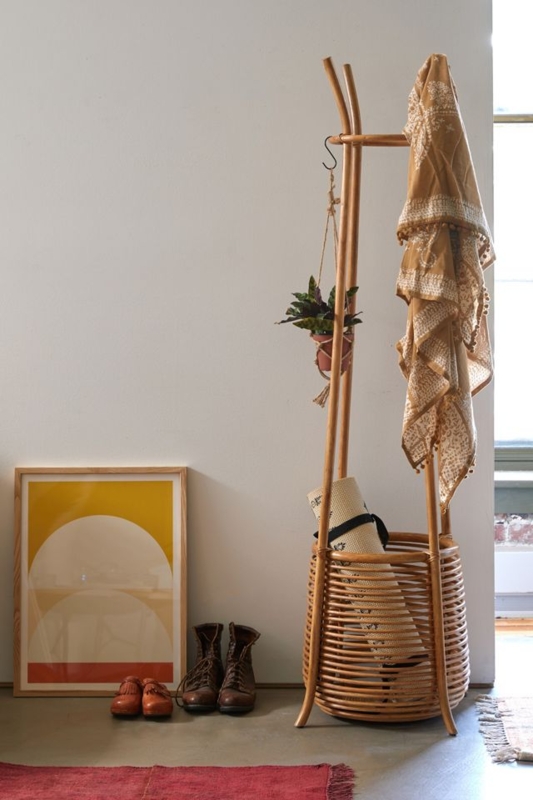 Coat Rack Rattan Cane with Ribbed Texture Base, Bohemian Curved Top