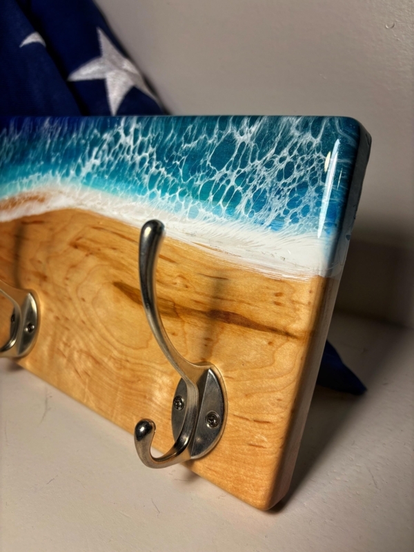 Coat Rack, Resin Wave Art, Foam Lacing Detail, Honey Wood Base.