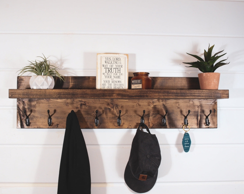 Coat Rack Rustic Dark Stain Wood Top Shelf Eight Hooks Farmhouse Style