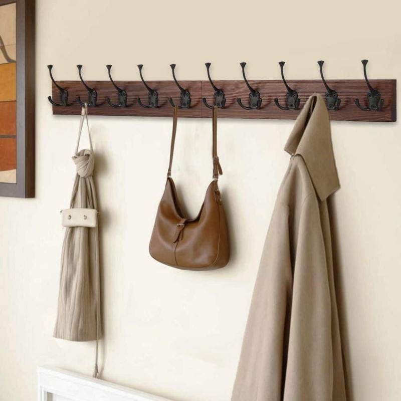 Coat Rack Rustic Tri Hook Design Ten Hooks Dark Wood Stain
