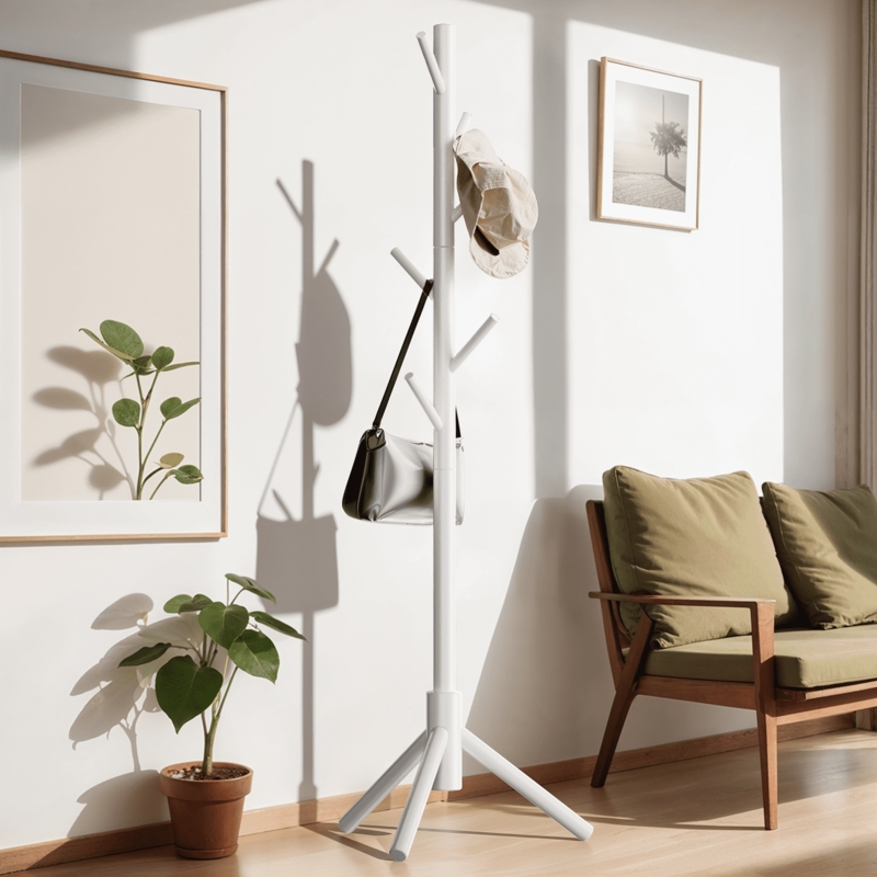 Coat Rack Scandinavian Matte White Quadrupod Base Angled Hooks