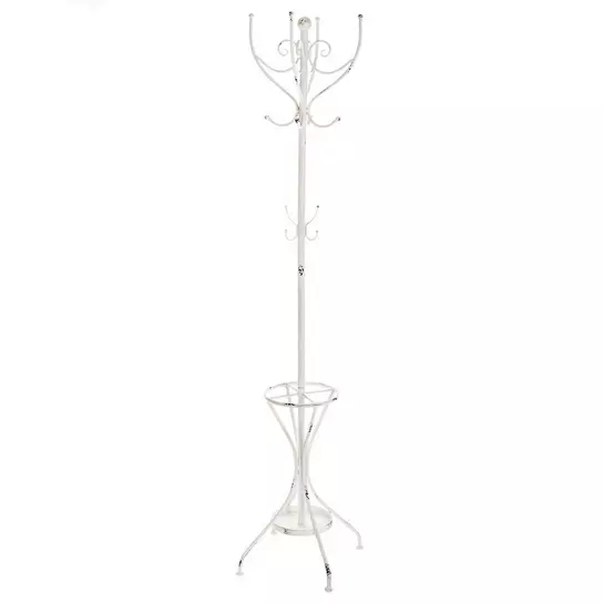 Coat Rack Scrolling Hooks Umbrella Stand All White Finish Vintage Style