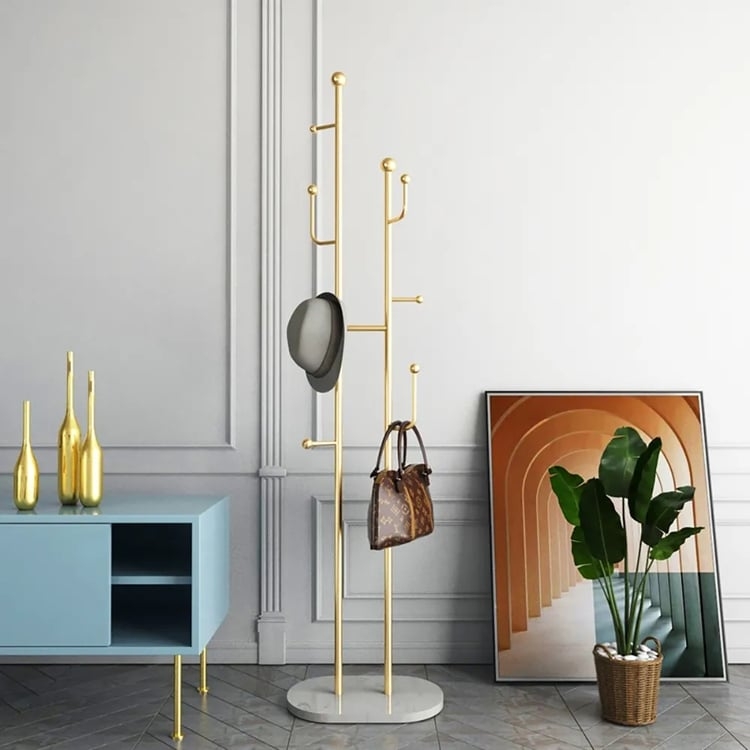 Coat Rack Slender Double Pole Frame with Marble Look Base