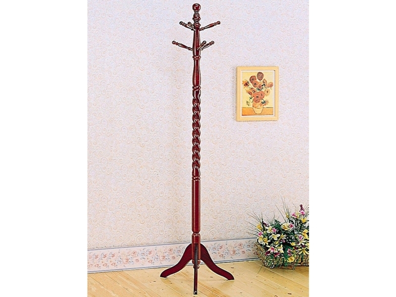 Coat Rack Spiral Carved Post Merlot Finish Tripod Base
