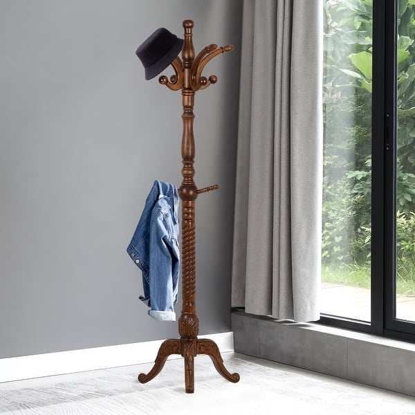 Coat Rack Spiral Carved Post Polished Finish Traditional Wood Coat Rack