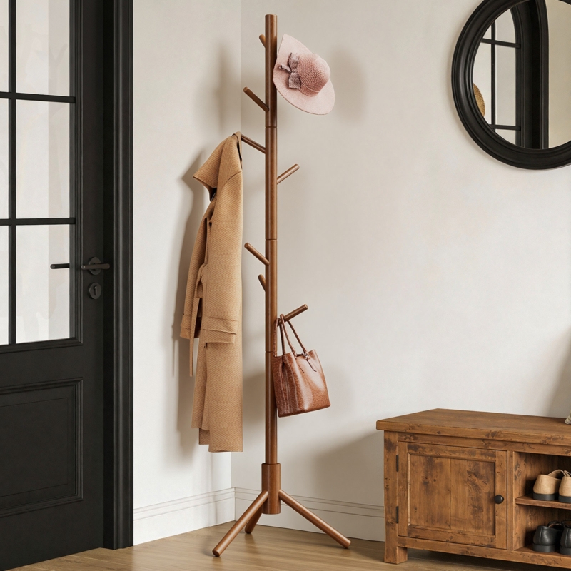 Coat Rack Staggered Hooks Tripod Base Minimalist Entryway Coat Rack