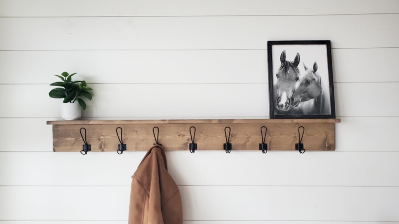 Coat Rack Top Shelf Black Wire Hooks Pine Wood Rustic Farmhouse Style