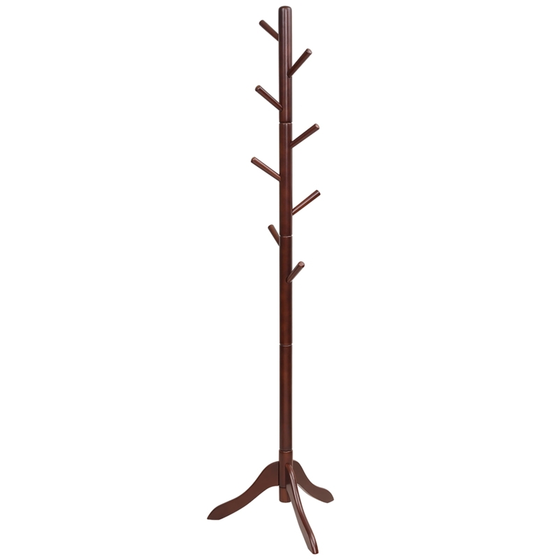 Coat Rack Traditional Tripod Base Eight Hooks Brown Wood Toned