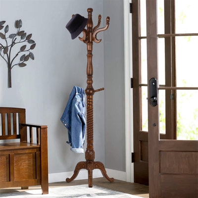Coat Rack Traditional Warm Wood Twisted Post Ornate Carvings