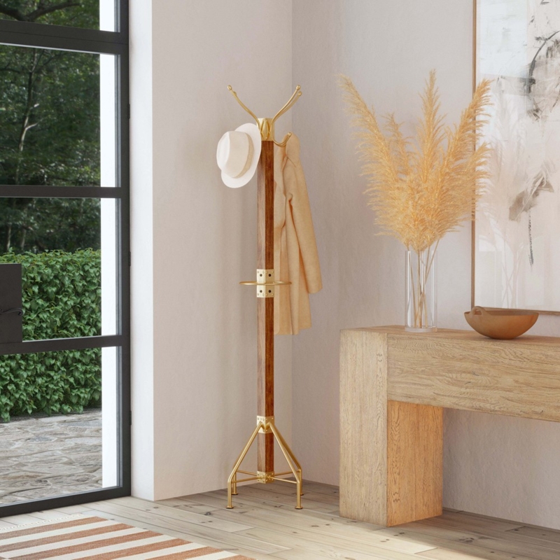 Coat Rack Transitional Mango Wood Post Gold Iron Accents