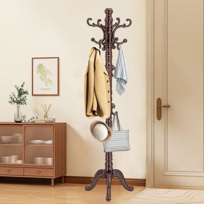 Coat Rack Tripod Base 14 Hooks Ornate Silhouette Traditional Stand