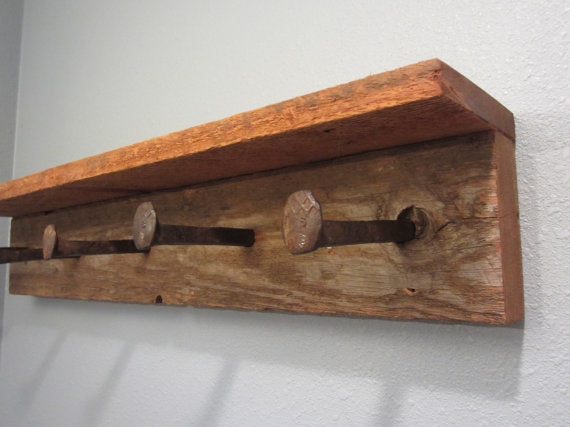 Coat Rack Wall Mounted Railroad Spike Hooks Rough Sawn Wood