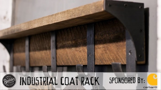 Coat Rack Wall Mounted Rough Sawn Wood Shelf with Matte Black Strap Metal Hooks