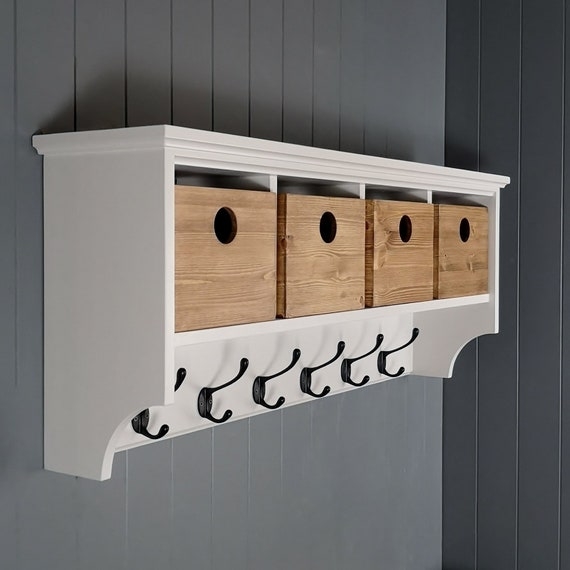 Coat Rack White Wood Cubby Bins Seven Hooks Crown Molding Top Farmhouse