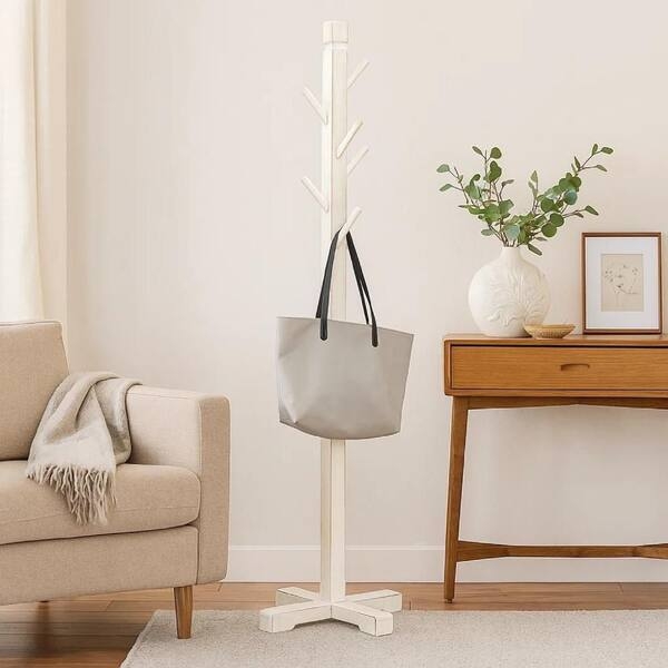 Coat Rack, Whitewashed Finish, Eight Hooks, Cross Pedestal Base