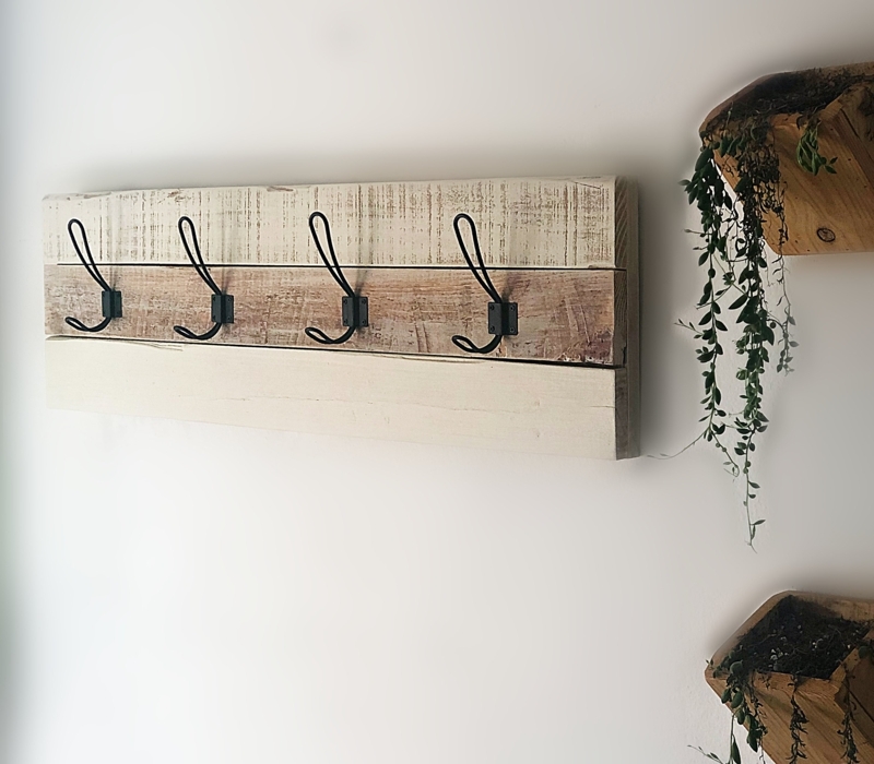 Coat Rack Whitewashed Wood Black Metal Hooks Rustic Entryway