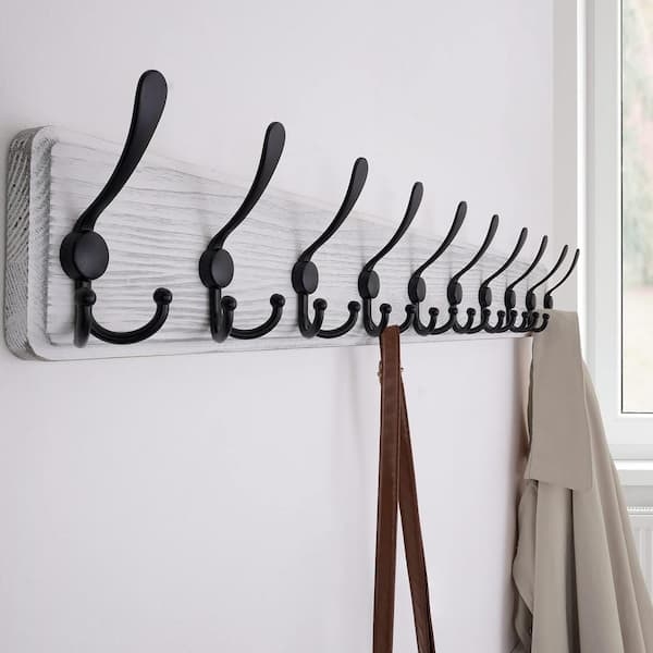 Coat Rack Whitewashed Wood with Ten Black Double Prong Hooks