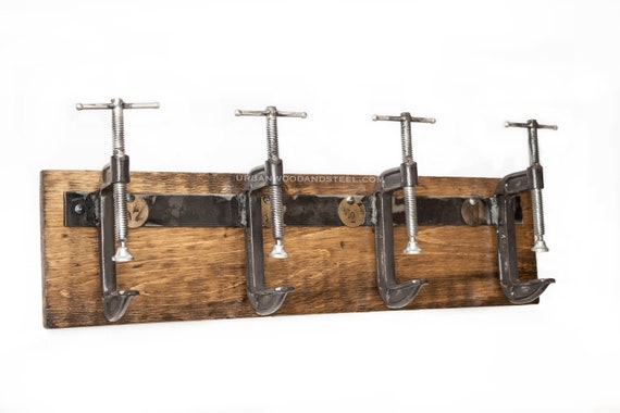 Coat Rack with Industrial C-Clamp Hooks on Rustic Wood Board