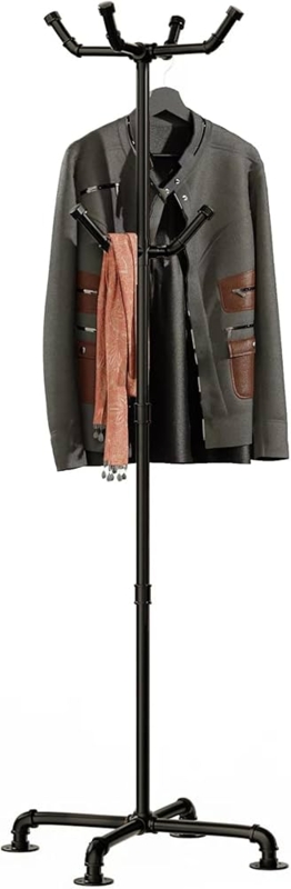 Coat Rack with Industrial Pipe Design, Multi-Hook Tiered System, and Base