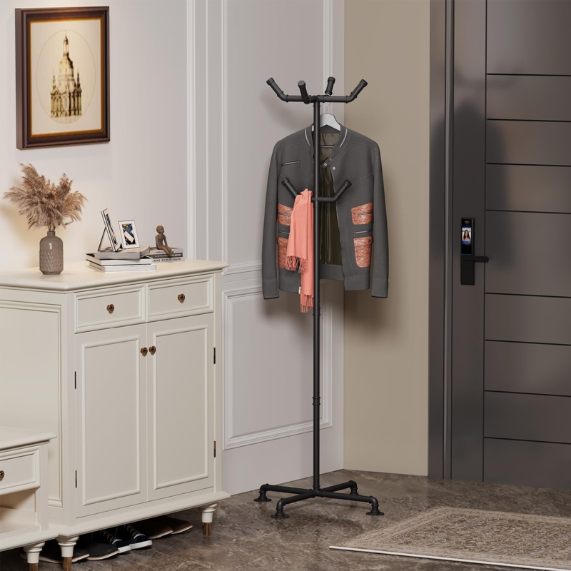 Coat Rack with Matte Black Industrial Pipe Aesthetic and Compact Footprint