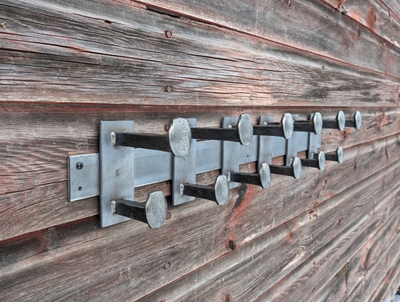 Coat Rack with Rustic Industrial Railroad Spike Hooks in Staggered Row