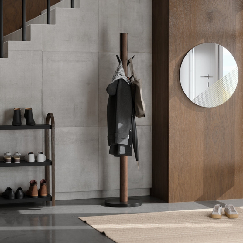 Coat Rack Wood Toned Flip Down Hooks Slim Silhouette Sleek Hall Tree