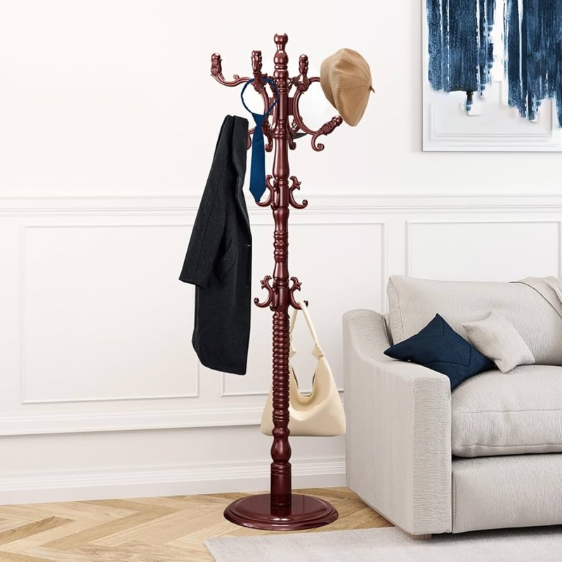 Coat Rack Wooden Tree Entryway Organization with 14 Hooks