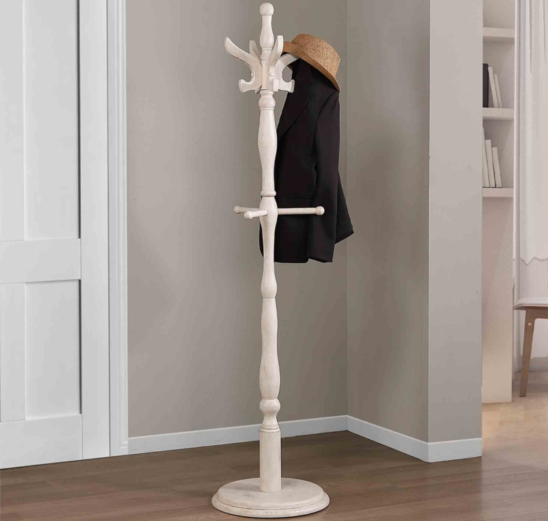 Coat Stand, Turned Post, Distressed Antique White Finish, Scroll Hooks