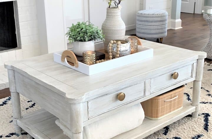 Coffee Table Gold Knob Hardware Distressed White Storage Coastal Chic