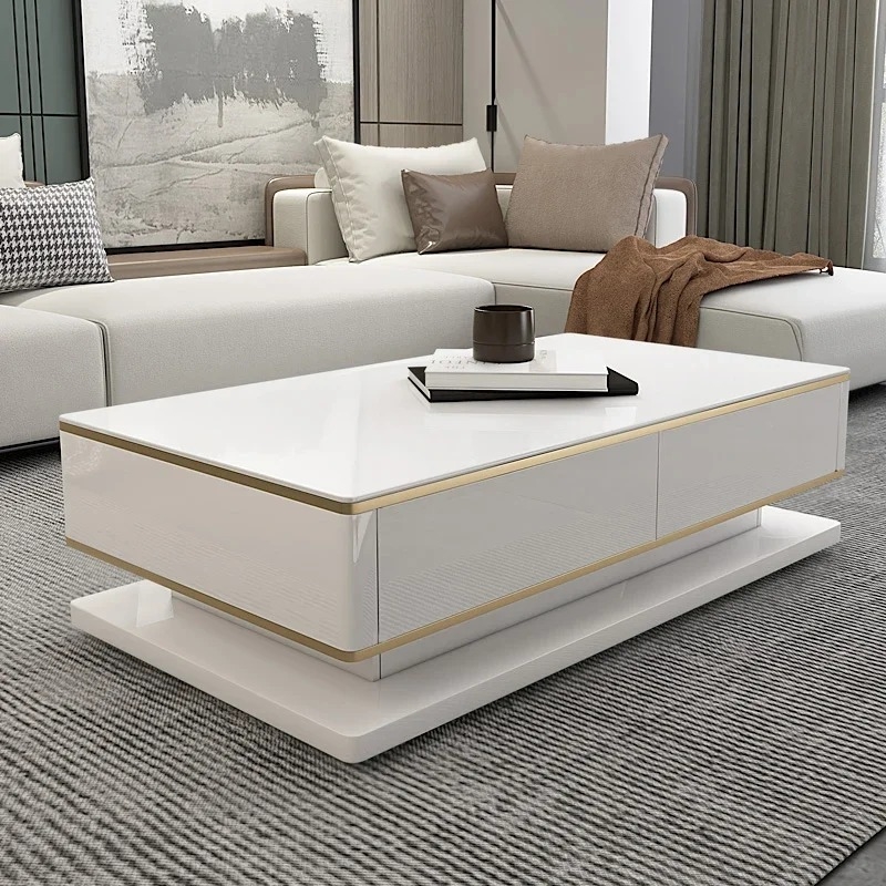 Coffee Table Pedestal Base High Gloss Gold Banding Modern Glam