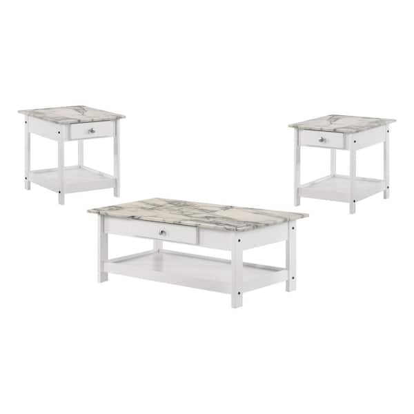 Coffee Table Set, 3-Piece with Matching Storage Drawers & Faux Marble