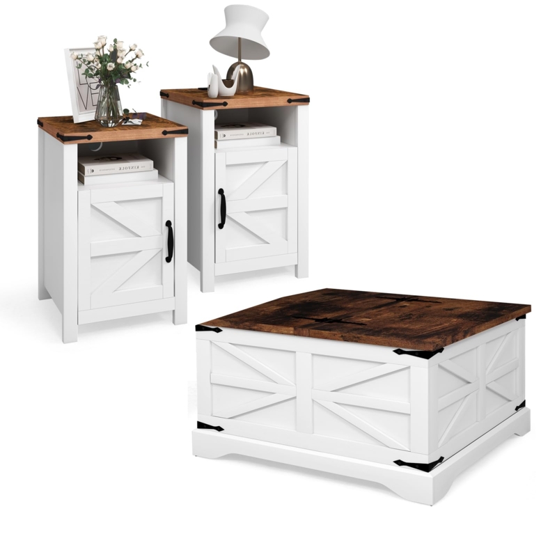 Coffee Table Set Barn Door Accents Two Tone Farmhouse Style
