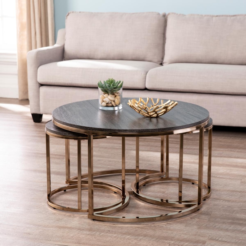 Coffee Table Set Champagne Finish Nesting Design Modern Glam Circular