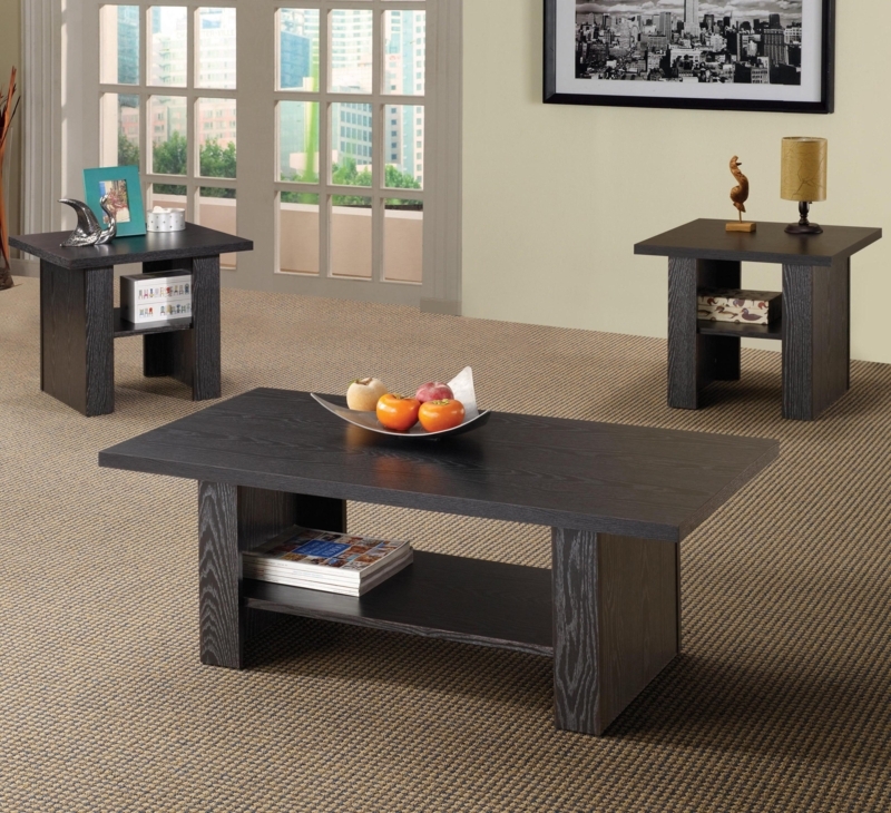 Coffee Table Set Chunky Silhouette Black Oak Contemporary Block Legs