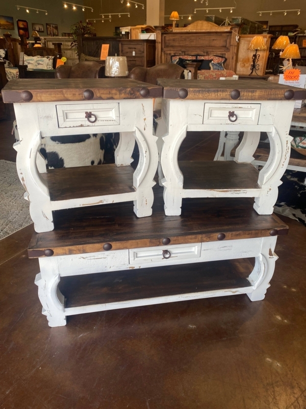 Coffee Table Set Distressed White Oversized Metal Studs Rustic