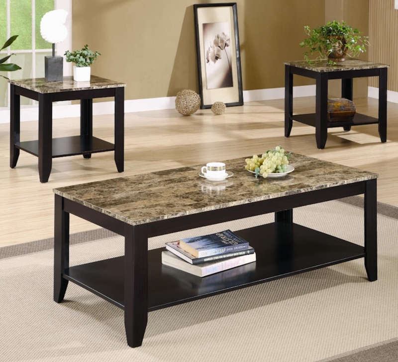 Coffee Table Set Faux Marble Top Cappuccino Finish Transitional Tapered
