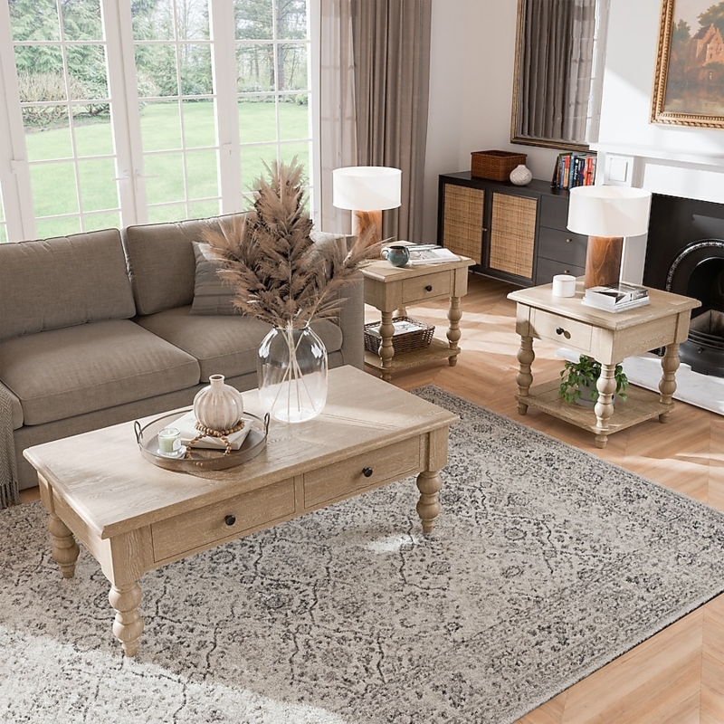 Coffee Table Set with Baluster Legs, Light Washed Finish & Drawers