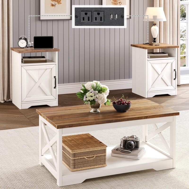 Coffee Table Set with Charging Station, X-Brace Sides & Two-Tone Finish