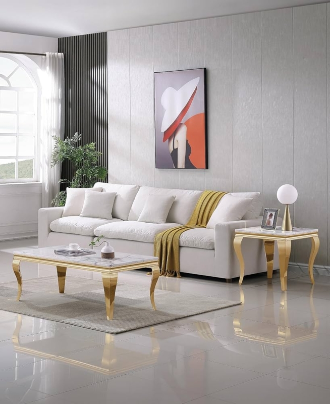 Coffee Table Set with Gold Cabriole Legs & Marble-Look Tabletops