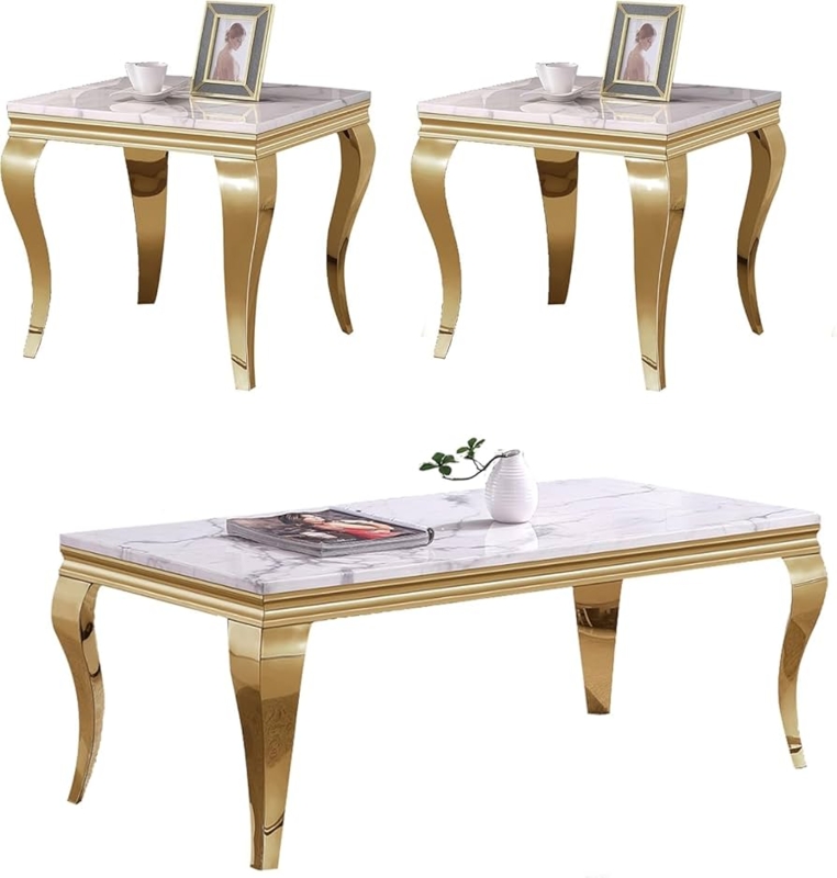 Coffee Table Set with Gold Curved Legs, Marble-Look Top & Polished Finish