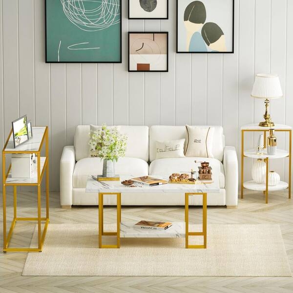 Coffee Table Set with Gold Geometric Frames & Tiered Marble-Look Surfaces