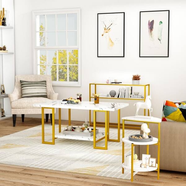 Coffee Table Set with Gold Metal Frame, Marbled Top & Tiered Shelving
