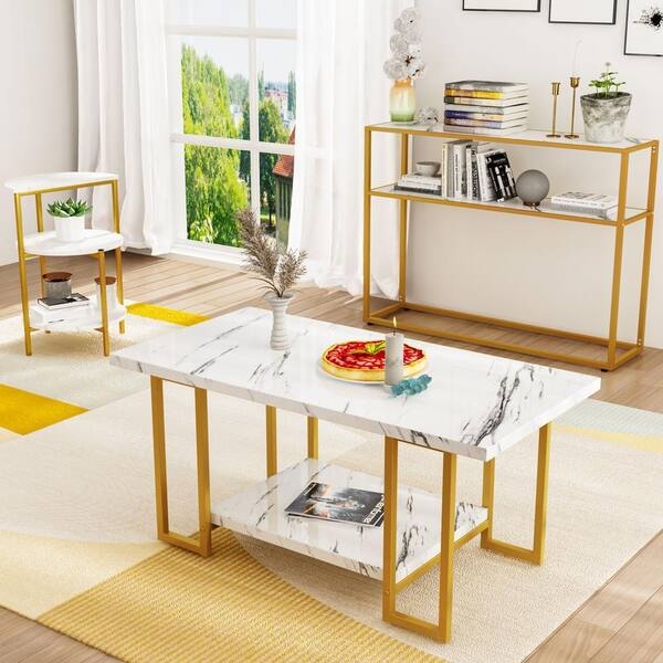 Coffee Table Set with Open Frame, Marble Patterned Top & Gold Finish